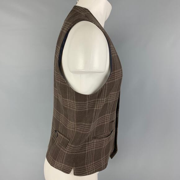 BRUNELLO CUCINELLI Size M Brown Plaid Linen Blend Buttoned Vest - Picture 2 of 7